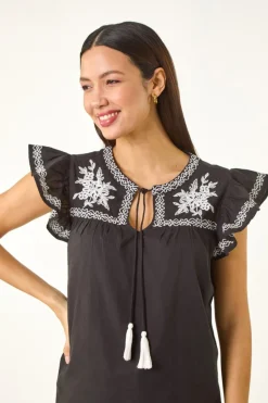 Roman Black Embroidered Tie Front Top