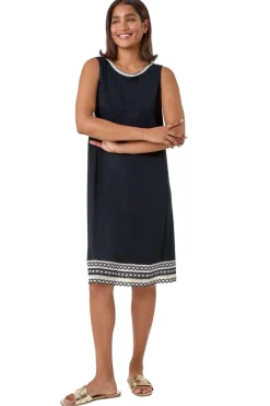 Roman Black Embroidered Trim Stretch Jersey Shift Dress
