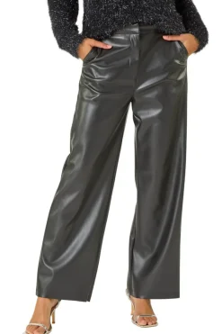 Roman Black Faux Leather Wide Leg Trouser