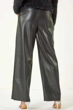 Roman Black Faux Leather Wide Leg Trouser