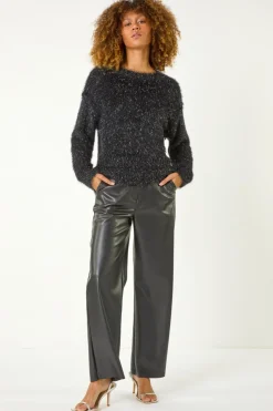 Roman Black Faux Leather Wide Leg Trouser