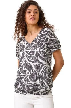 Roman Black Floral Burnout Print Blouson Top