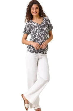 Roman Black Floral Burnout Print Blouson Top