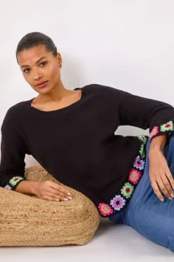 Roman Black Floral Crochet Hem Cotton Jumper