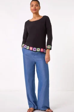 Roman Black Floral Crochet Hem Cotton Jumper