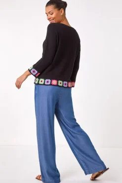 Roman Black Floral Crochet Hem Cotton Jumper