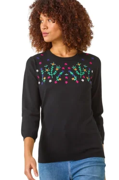 Roman Black Floral Embroidered Jumper