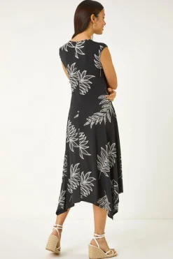 Roman Black Floral Hanky Hem Maxi Dress