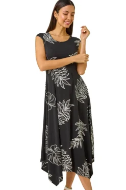 Roman Black Floral Hanky Hem Maxi Dress