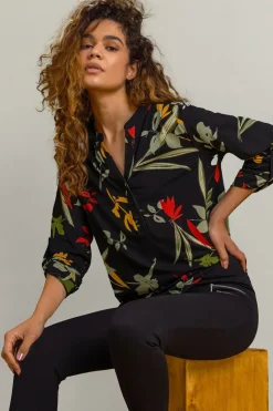 Roman Black Floral Print Notch Neck Top