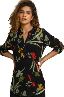 Roman Black Floral Print Notch Neck Top
