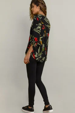 Roman Black Floral Print Notch Neck Top