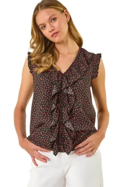Roman Black Floral Print Ruffle Front Top