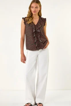 Roman Black Floral Print Ruffle Front Top