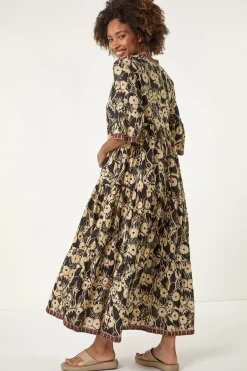Roman Black Floral Print Border Maxi Dress