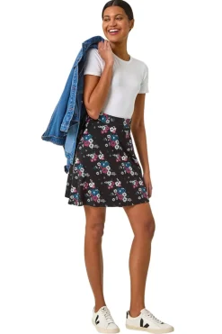 Roman Black Floral Print Skater Stretch Skirt