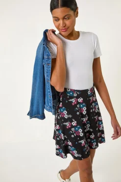 Roman Black Floral Print Skater Stretch Skirt