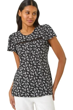 Roman Black Floral Print Ladder Trim Top