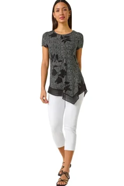 Roman Black Floral Print Chiffon Hem Top