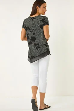 Roman Black Floral Print Chiffon Hem Top