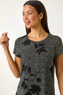 Roman Black Floral Print Chiffon Hem Top