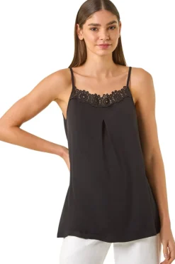 Roman Black Lace Trim Cami Stretch Top
