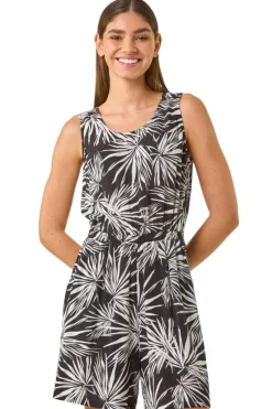 Roman Black Leaf Print Crinkle Playsuit