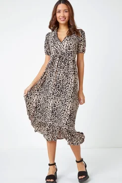 Roman Black  Leopard Print Lace Trim Midi Dress