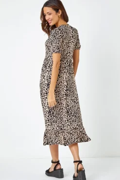 Roman Black  Leopard Print Lace Trim Midi Dress