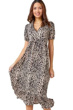 Roman Black  Leopard Print Lace Trim Midi Dress