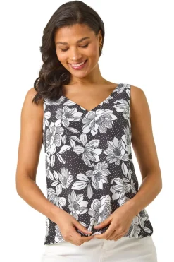 Roman Black Mono Floral Print V Neck Cami Top
