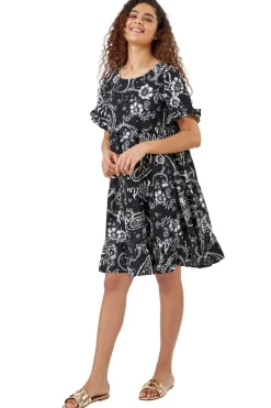 Roman Black  Paisley Floral Tiered Smock Dress