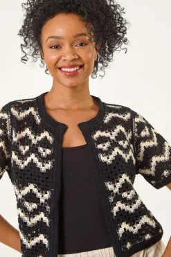 Roman Black Petite Chevron Open Crochet Cardigan