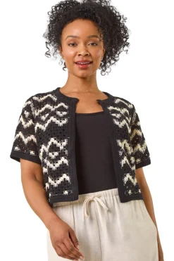 Roman Black Petite Chevron Open Crochet Cardigan