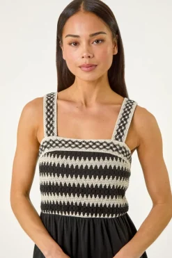 Roman Black Petite Crochet Bodice Strap Dress