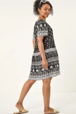 Roman Black Petite Elephant Print Smock Dress
