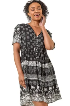 Roman Black Petite Elephant Print Smock Dress