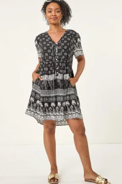 Roman Black Petite Elephant Print Smock Dress