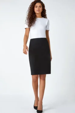 Roman Black  Pull On Stretch Elastic Waist Pencil Skirt
