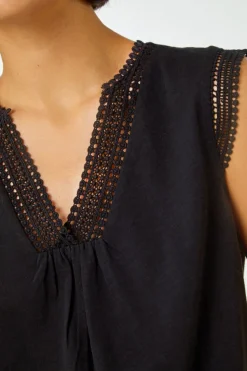 Roman Black Sleeveless Lace Trim Cotton Top