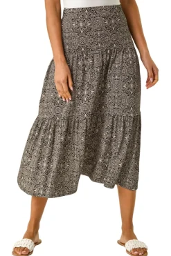 Roman Black Stretch Geometric Floral Midi Skirt