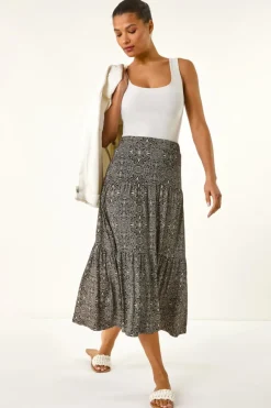 Roman Black Stretch Geometric Floral Midi Skirt