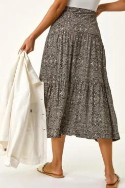 Roman Black Stretch Geometric Floral Midi Skirt