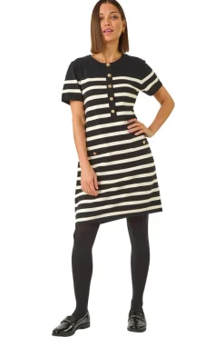 Roman Black Stripe Button A-Line Knit Dress