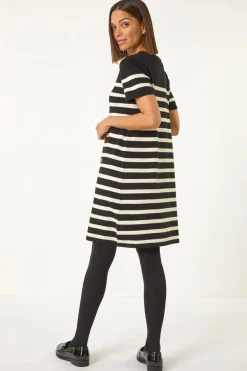 Roman Black Stripe Button A-Line Knit Dress