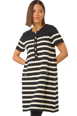 Roman Black Stripe Button A-Line Knit Dress