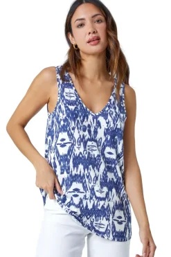 Roman Blue Abstract Print V-Neck Stretch Jersey Cami Top