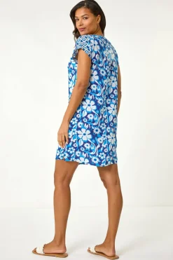 Roman Blue A-Line Floral T-Shirt Dress