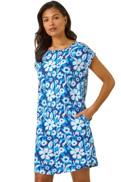 Roman Blue A-Line Floral T-Shirt Dress