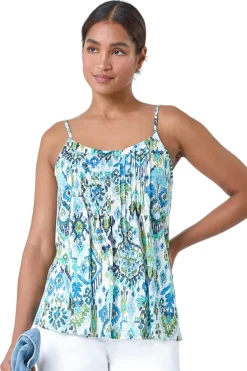Roman Blue Aztec Print Pleat Front Cami Top